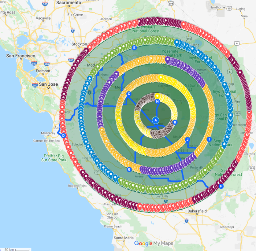 Google Map citation coverage — radial pin cluster across the target area
