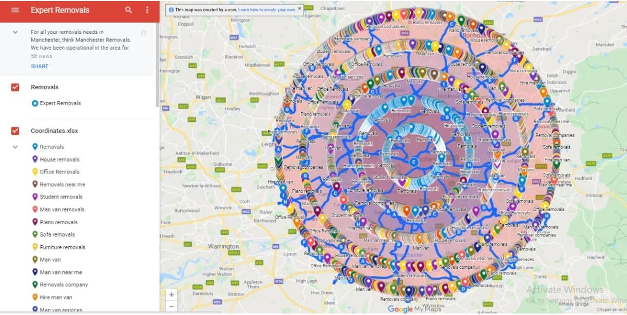 Google My Maps citation listing covering a metro area with keyword pins